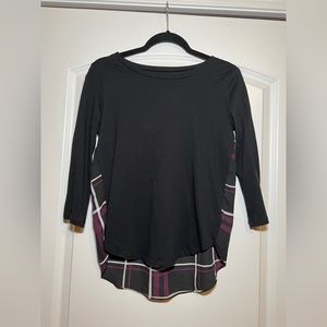 Ann Taylor Loft Outlet PXXS Long Sleeve High Low Shirt Black and Plaid